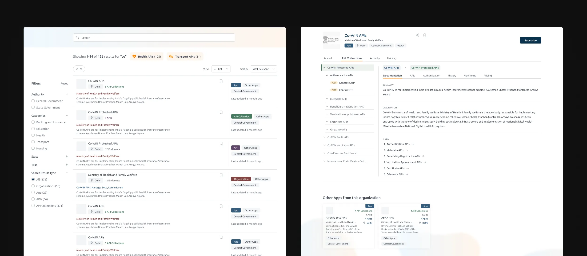 Redesigned API search and listing page